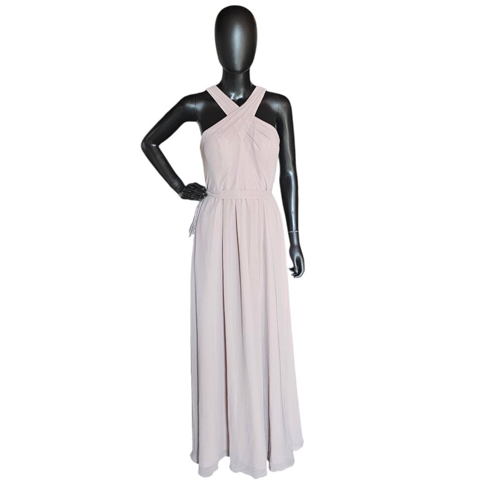 Taupe Chiffon Cross Halter Bridesmaid Dress - Dixie Azazi NWT
